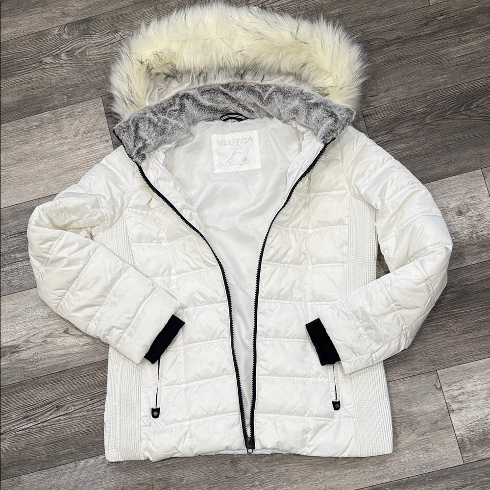 Nautica Women's White Puffer Jacket with Faux Fur Hood
